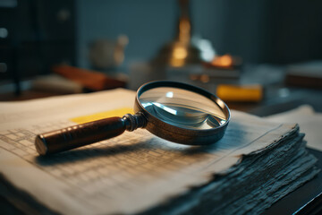 Fototapeta premium Vintage Magnifying Glass on Piled Sheets of Vintage Documents and Papers in Soft Lighting