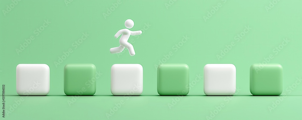 Poster a minimalist design featuring a small figure running over green and white blocks against a soft gree