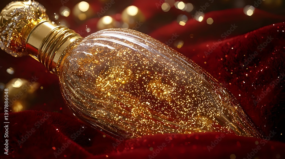 Poster magical glowing bottle with golden glitter sparkles on dark red velvet background with bokeh lights,