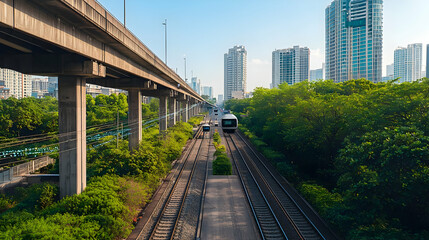 Obraz premium Urban Train Tracks Under Overpass With Lush Green Trees