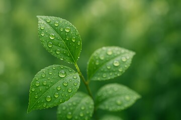 Close up of Green Leaves With Water Droplets in a Lush Environment During a Serene Moment
