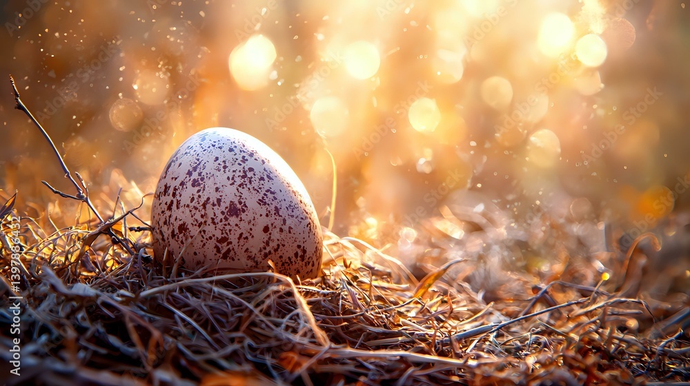 Poster speckled egg nestled in dry grass at sunset with magical golden bokeh background, creating dreamy na