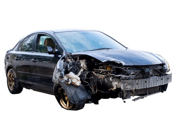 Car crash, Front view of modern black sedan car get damaged by accident on the road. damaged cars...