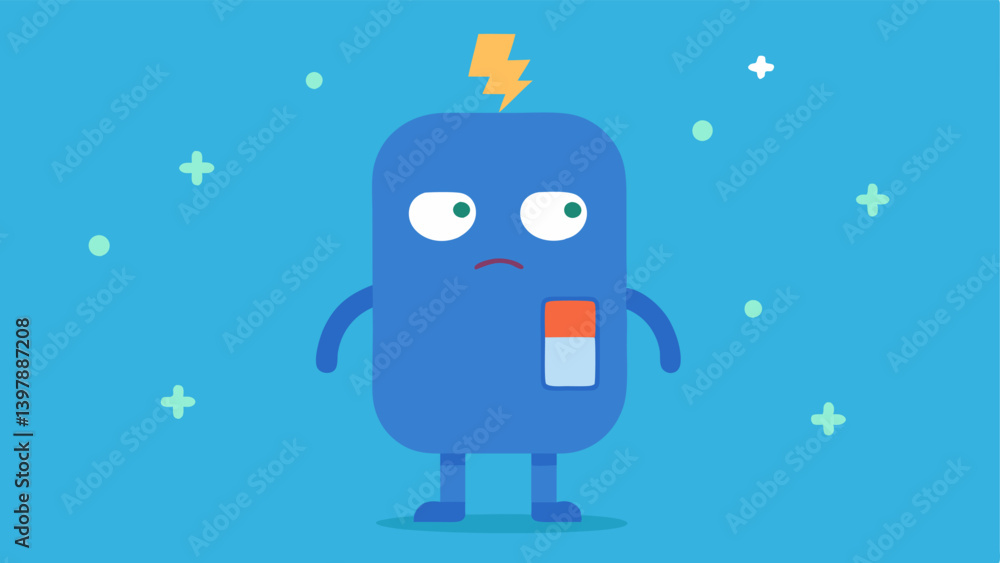 Poster empty battery icon a character with a drained battery symbol above their head signifying low energy 