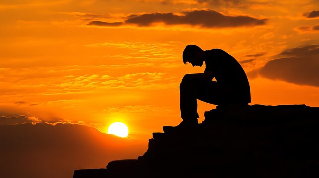 Silhouette Man Sunset Meditation Peaceful Solitude Orange Sky Calm Hopeful Dramatic Serene Contemplative Thoughtful Emotional Spiritual Sunset View   