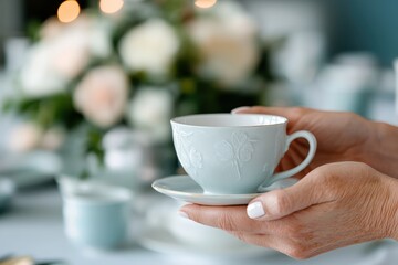 Fototapeta premium A delicate teacup held in hands showcasing a floral pattern, symbolizing elegance and warmth in social gatherings, perfect for tea-time or special occasions.