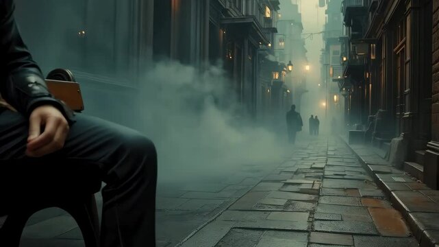 Mysterious steampunk woman sits on a bench in a foggy old city street A futuristic vintage setting
