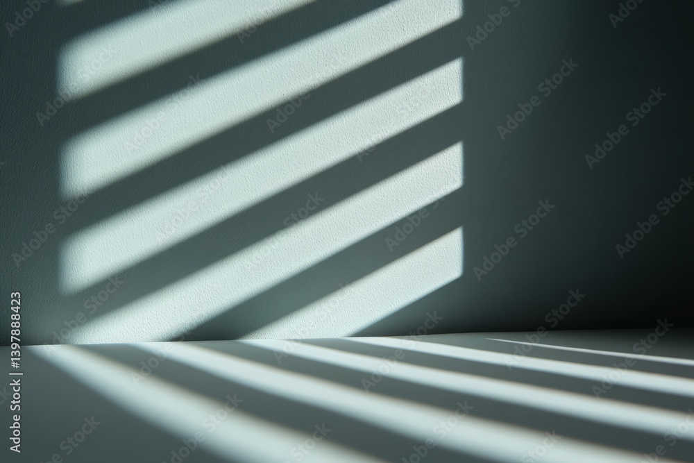 Poster play of light and shadow from window blinds on a minimalist surface in soft natural light