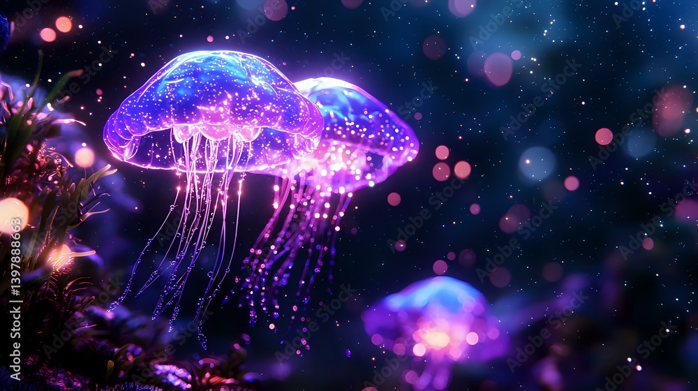 Poster Luminescent jellyfish floating in deep cosmic waters with glowing tentacles and bioluminescent particles against starry dark background creates magical atmosphere.
