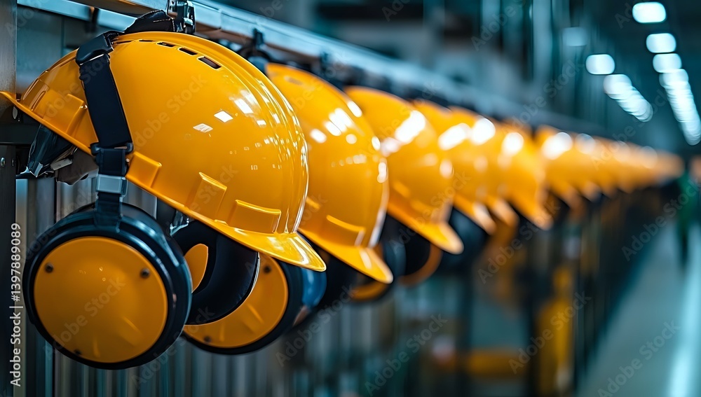 Poster row of yellow safety hard hats with protective ear muffs hanging in industrial facility, creating re
