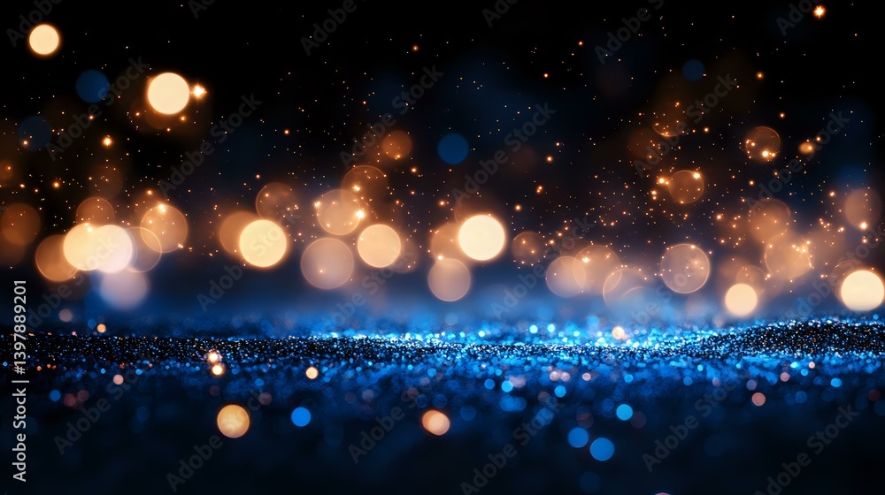 Poster magical glowing bokeh lights on dark background with blue sparkles and golden particles creating dre