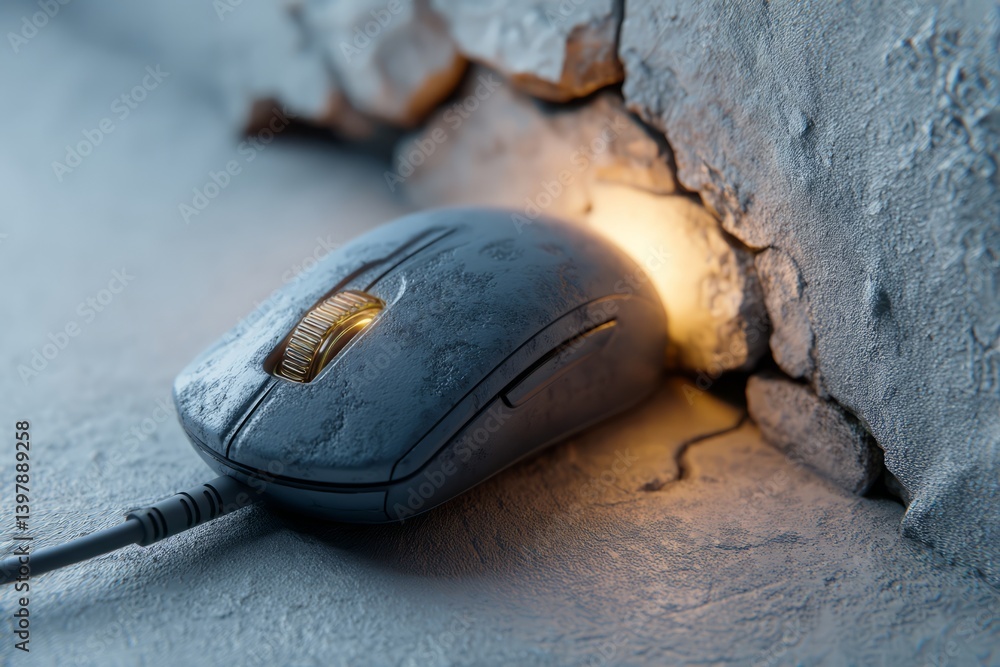 Poster computer mouse glowing in a crack on a wall, illuminated with a soft light in a dark setting