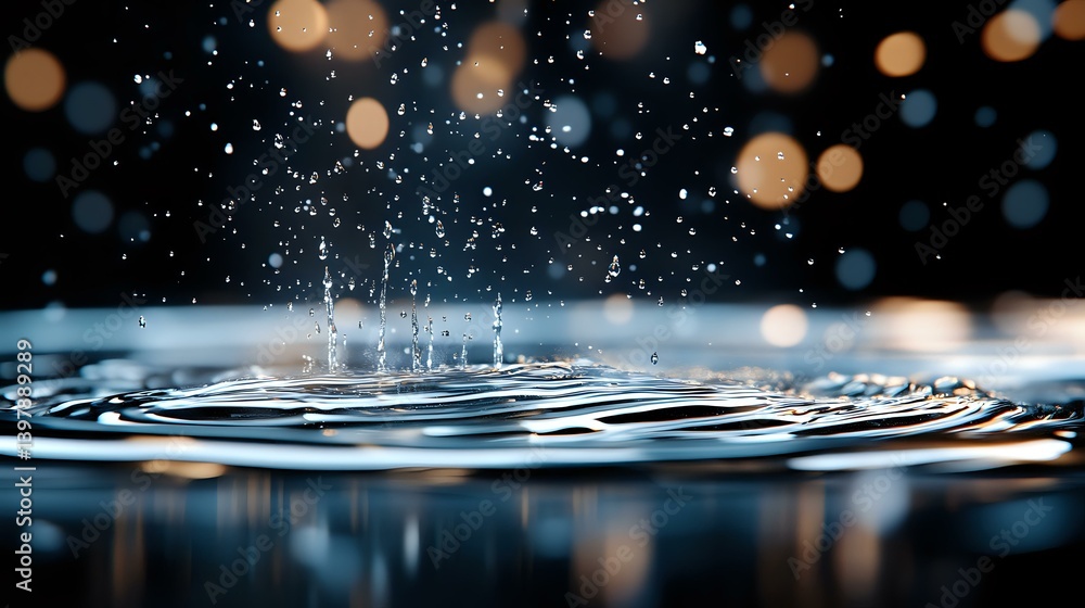 Poster water drop splash creating concentric ripples on dark surface with golden and blue bokeh lights, mac