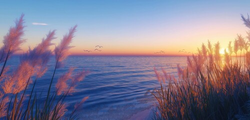 A beautiful coastline at the break of dawn, where the horizon glows in shades of gold and lavender. The ocean breeze rustles the reeds by the water's edge, creating a peaceful, rhythmic sound.