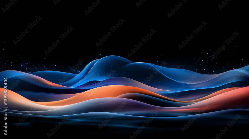 Poster smooth flowing abstract waves in vibrant blue and orange colors against black background create dyna