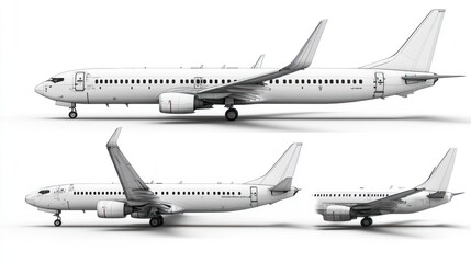 A white passenger jet airplane shown from multiple different perspectives