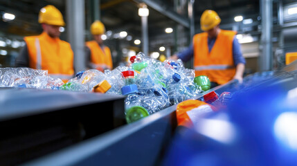 Fototapeta premium Recycling workers sorting plastic bottles in facility, showcasing teamwork and sustainability