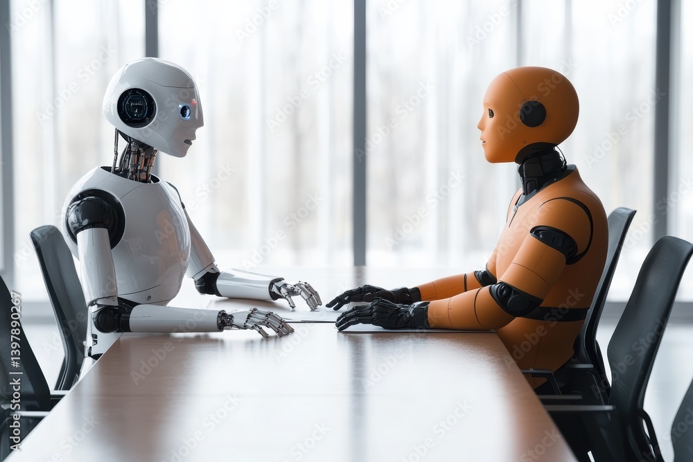 Poster exploring collaboration between robots and humans in a modern business setting