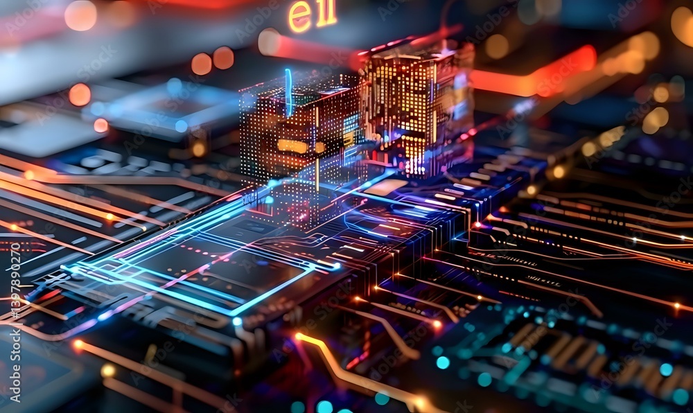 Poster futuristic circuit board with glowing neon lines and holographic processor architecture visualizatio