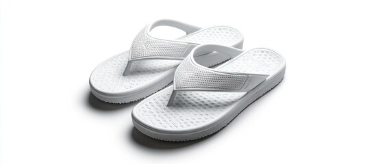 Two pristine white flip flops against a stark white background