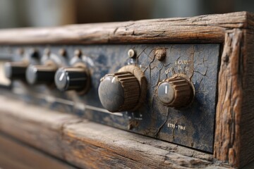 Vintage Wooden Audio Equipment with Worn Rotary Knobs and Textured Surface Detail