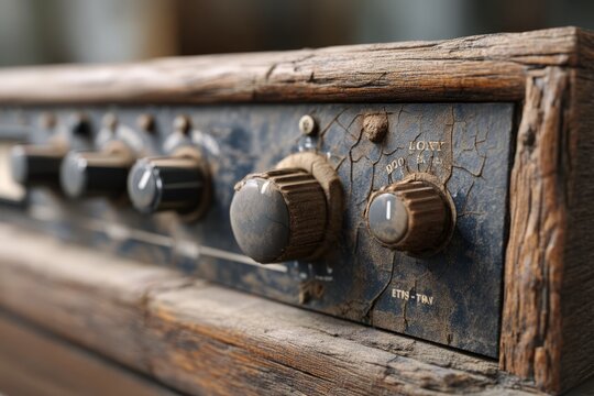 Vintage Wooden Audio Equipment with Worn Rotary Knobs and Textured Surface Detail