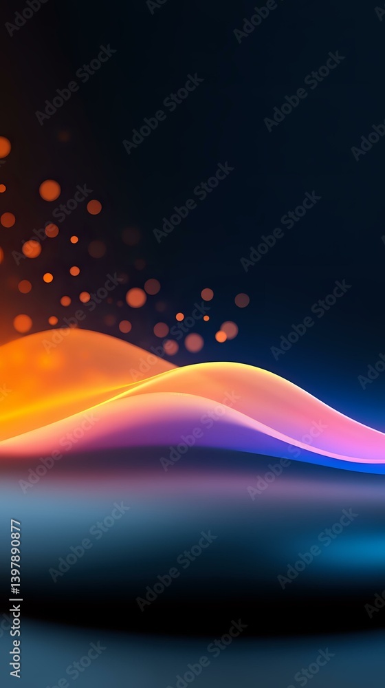 Poster abstract flowing waves with vibrant orange and purple gradients against dark background, illuminated