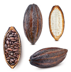 Cocoa fruit and cocoa bean isolated on white. Cocoa set with clipping path. Cocoa full depth of...