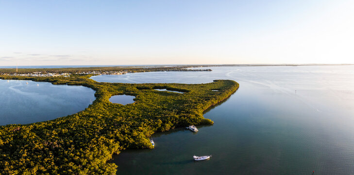 Aerial view of serene Blackwater Sound with tropical mangroves and calm waters, Jewfish, Florida, United States.