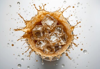 Iced coffee splash. Dynamic image of ice cubes splashing into a glass of iced coffee. Iced coffee with ice cubes. Cold coffee with splash in a glass. Milk Ice coffee splash into drop dropet