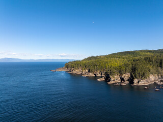 Aerial view of cape flattery with rugged cliffs, tranquil forest, and serene pacific ocean, neah bay, washington, united states.