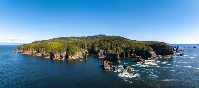 Aerial view of scenic Cape Flattery with rugged cliffs and pristine coastline, Neah Bay, Washington, United States.