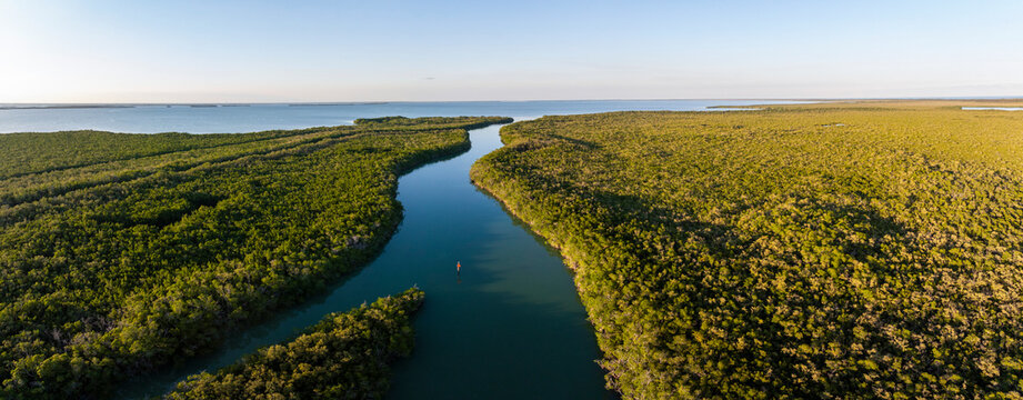 Aerial view of blackwater sound and florida bay with lush greenery and tranquil wetlands, North Key Largo, Florida, United States.