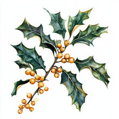 Fototapeta premium beautiful illustration of holly leaves and berries, showcasing vibrant green foliage and golden
