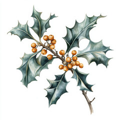 Fototapeta premium Holly leaves and berries illustrated in realistic style, showcasing nature beauty