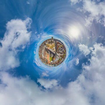 Aerial view of tiny planet of historic Old Town with beautiful buildings and scenic sky, Hull, England, United Kingdom.