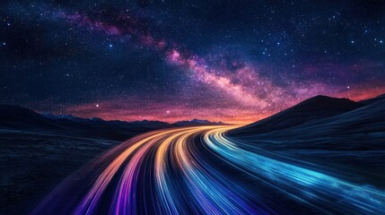 Fototapeta premium celestial highway luminous trails across the landscape beneath the milky way's stardust embrace a journey through the cosmic nightscape