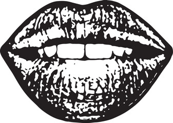 Gritty Lip Illustration with Bite, A striking black-and-white illustration of lips biting slightly, rendered in a gritty, textured engraving style, making it ideal for edgy fashion, alternative