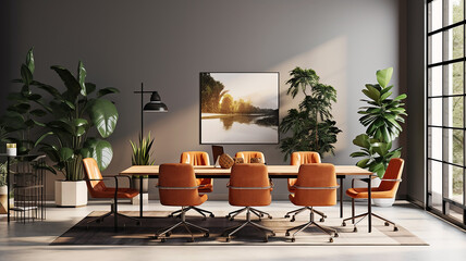 A sleek office setup with modern furniture, ideal for a virtual Google meeting background, featuring a clean and professional workspace design.

