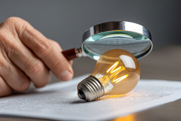 Hand Holding Magnifying Glass Over Light Bulb on Document for Creative Concept of Ideas