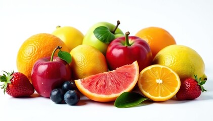 Variety of organic fruits on white background, pear, pineapple, juicy
