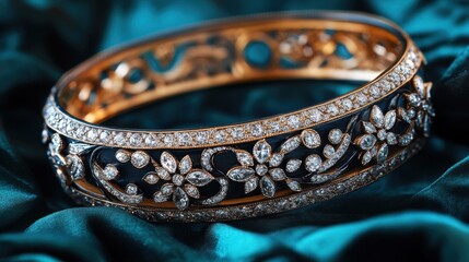 Refined bracelet with diamonds in floral design set on dark turquoise fabric