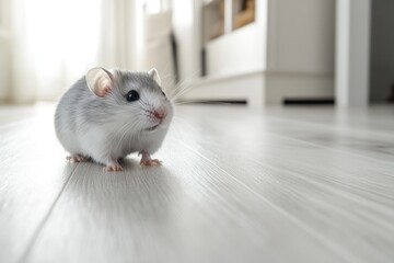 Obraz premium A small hamster stands on a light wood floor, in a house, for pet or lifestyle blog use