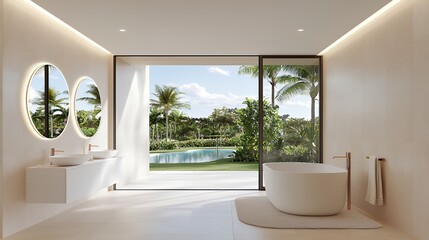 Fototapeta premium Modern tropical bathroom with pool view