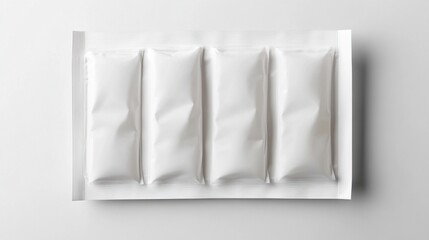Four blank white sachets in cardboard packaging.