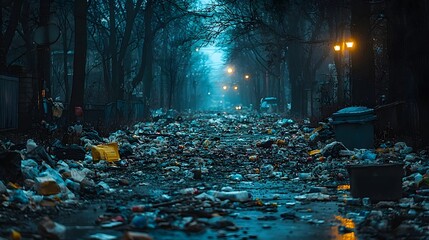 Abandoned urban street littered with garbage and debris