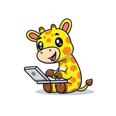 Cute Cartoon Giraffe Working On Laptop Illustration Icon Vector, Animals Technology, Cartoon Style Flat