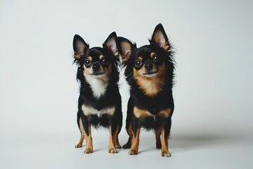 Two Chihuahuas sitting studio portrait, white background. Pet photography for websites, advertising, or cards