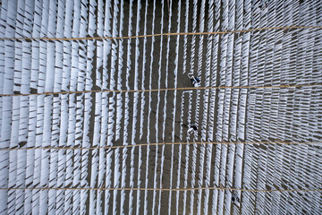 Aerial view of beautiful abstract patterns of drying processes in an industrial factory with people working, Fatullah, Narayanganj, Bangladesh.