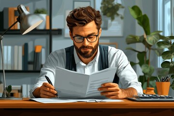 Obraz premium Professional man reviewing documents in a modern office environment focused on tax preparations